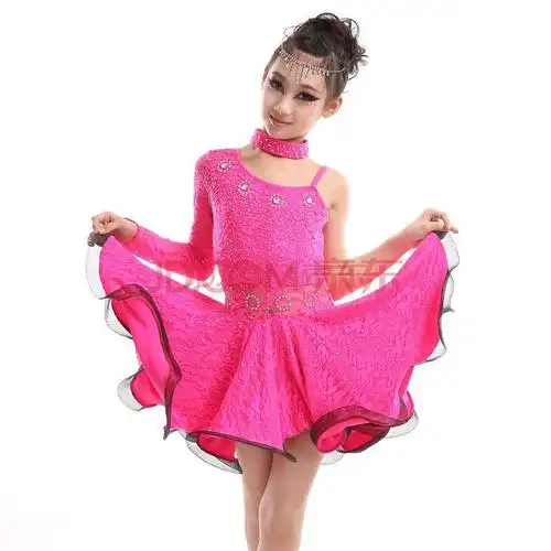 单肩吊带长袖儿童拉丁舞服装 女童兴趣班舞蹈服 拉丁服舞裙 练功服 玫