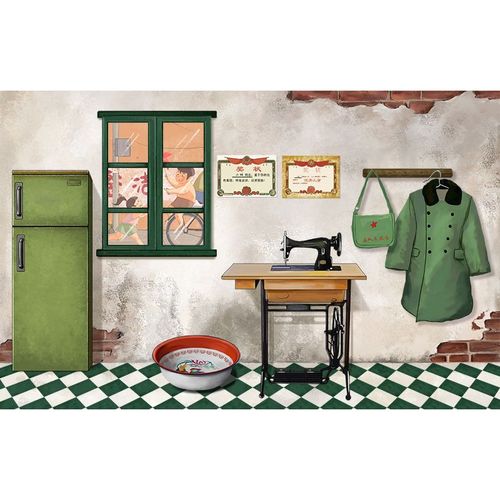 手绘怀旧80年代客厅背景背景墙墙纸缝纫机冰箱复古无纺布墙纸