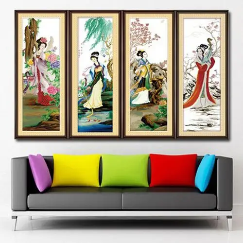 新款十字绣客厅卧室精准印花大幅四联画四大美人春夏秋冬国画人物