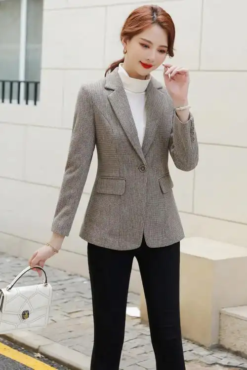 格子毛料西装外套女小个子修身短款秋冬洋气显瘦加厚外穿休闲西服
