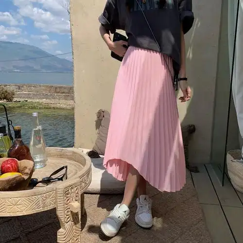 小宜定制时髦实穿党a字半身裙女夏白色百褶裙子中长款不规则