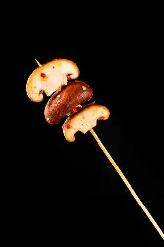 黑底上放着香菇串 香菇串
