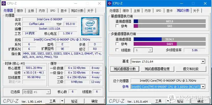 cpu-z:(默频/超频)i5-9600kf 默频得分i5-9600kf 超频得分看到cpu-z的