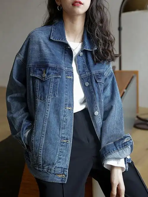 休闲牛仔外套女春秋2021新款潮复古港味bf风小个子短款深色牛仔衣