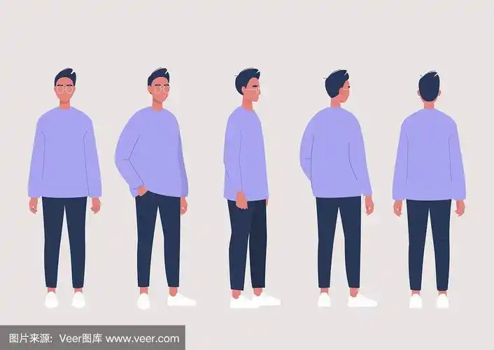年轻男性角色的姿势收集:正面,侧面和背面的观点