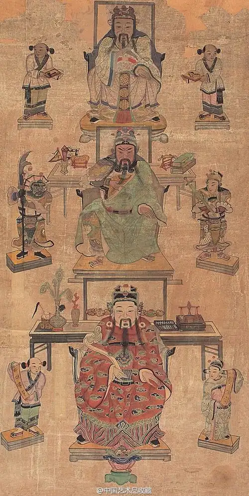 【清 佚名 《文武财神像》 】立轴,纸本设色,162×81cm.