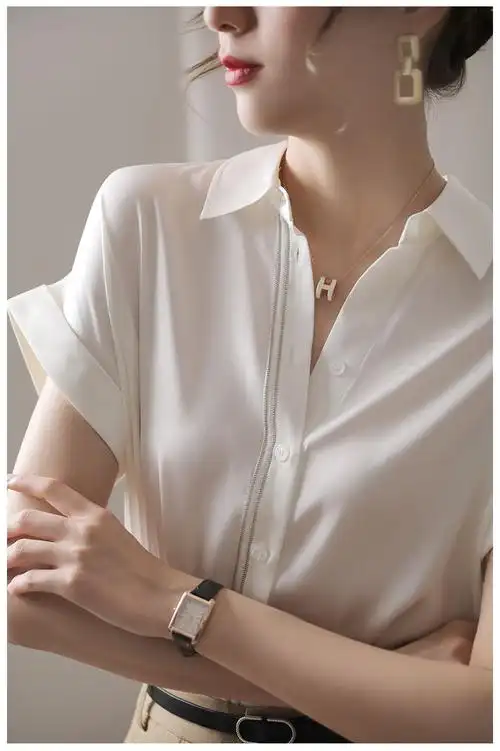 香港品牌高品质白色真丝衬衫女夏短袖宽松桑蚕丝上衣高端气质感白衬衣