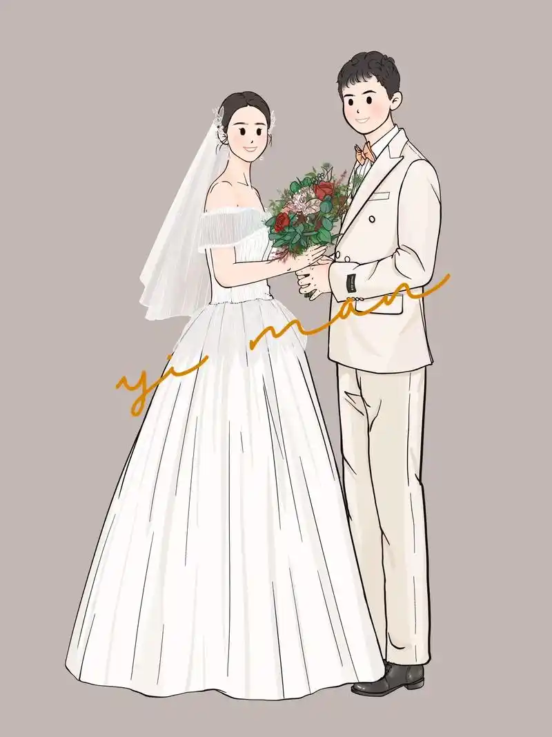 手绘婚纱照线条卡通风