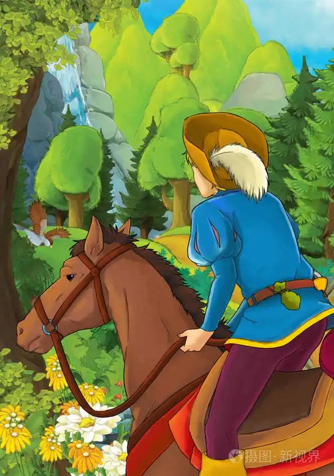 卡通场景与一些英俊的王子在森林骑马为儿童插图