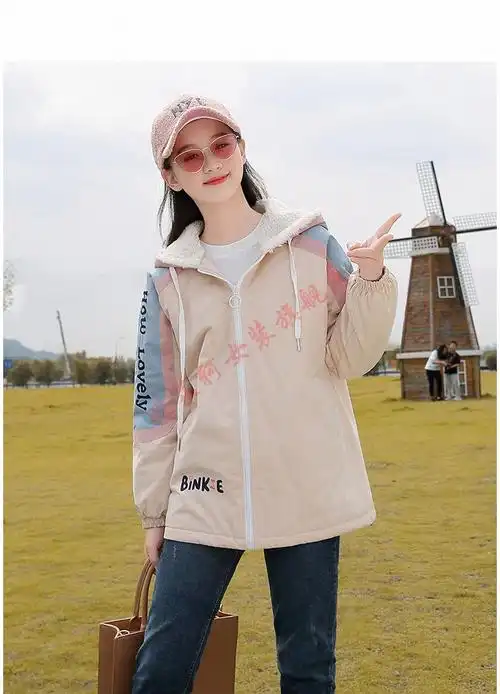 εζnilaike品牌女装高中生外套女加绒初中生少女冬装新品绣花撞色