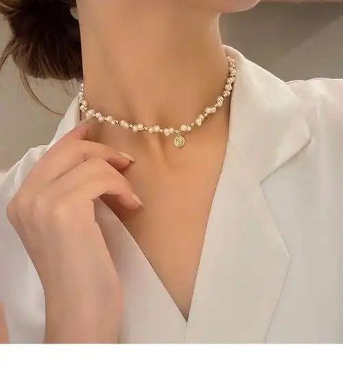 淡水珍珠项链手链金币美人头创意锁骨链天然珍珠锁骨链珍珠手链