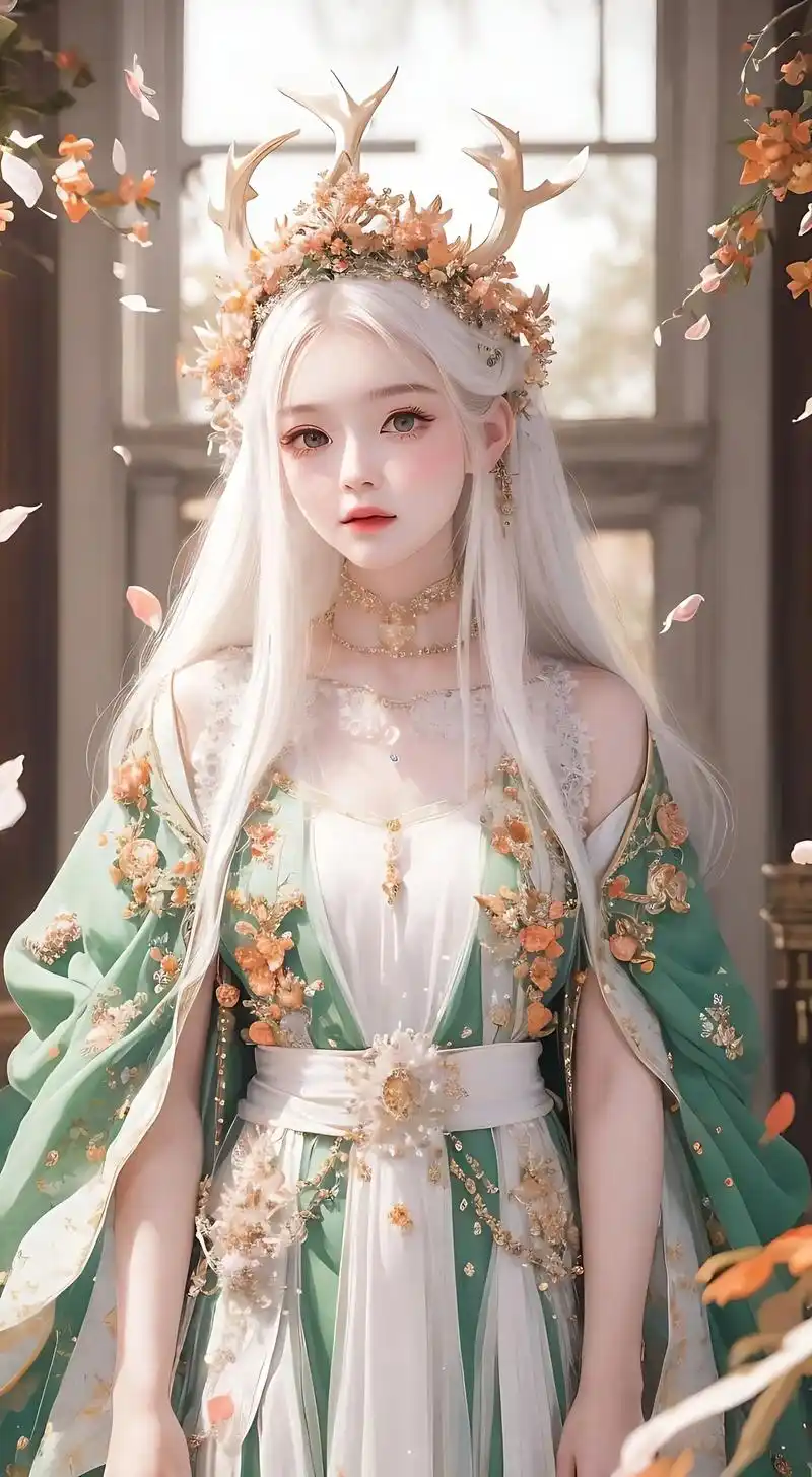 长发 ,白色头发的古风少女,头上有白色透明的鹿角#图文伙伴计 - 抖音