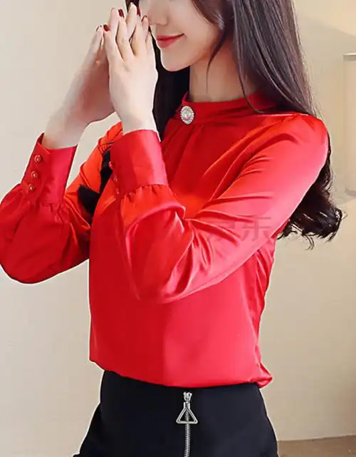 年秋季新款女装洋气时尚百搭红色气质长袖时尚雪纺衬衫女上衣 红色