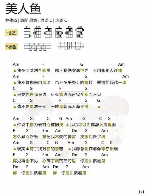 美人鱼尤克里里谱弹唱版c调扫弦版愿意编配林俊杰