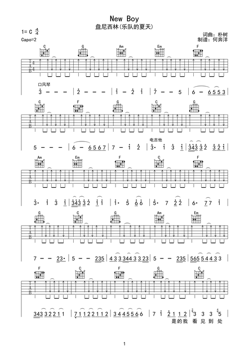 盘尼西林《new boy 》吉他谱c调六线pdf谱吉他谱-虫虫吉他谱免费下载