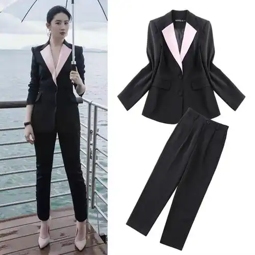 2022明星刘亦菲同款西装套装时尚显瘦黑色小西服ol职业两件套女装