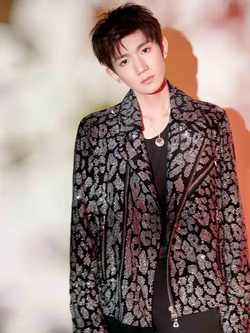 王源水钻豹纹皮衣帅气写真