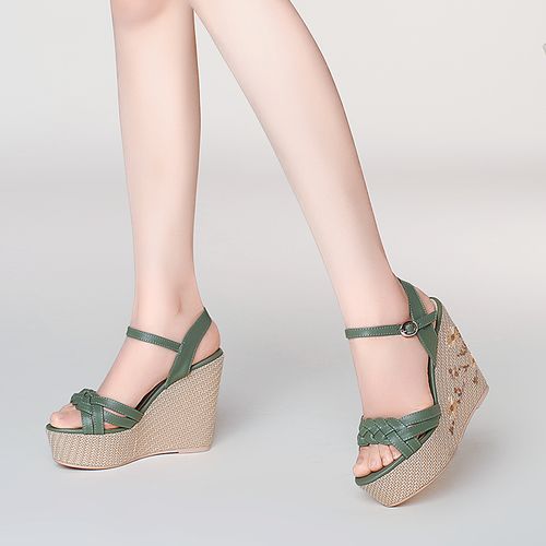 凉鞋真皮厚底包跟草编新款夏新款坡跟高跟鞋超高时装凉鞋