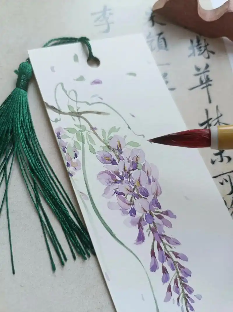 自制唯美国风紫藤花水彩书签画法 附步骤.#跟着抖音学画画#国 - 抖音