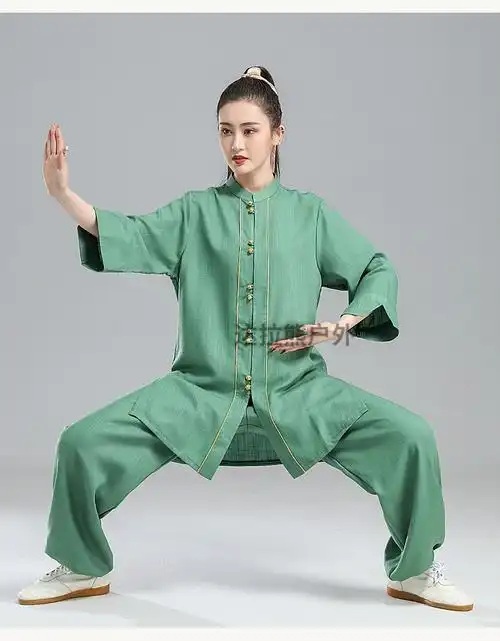 服女夏季新款棉麻中袖练功服武术服表演飘逸中国风太极拳套装绿色s