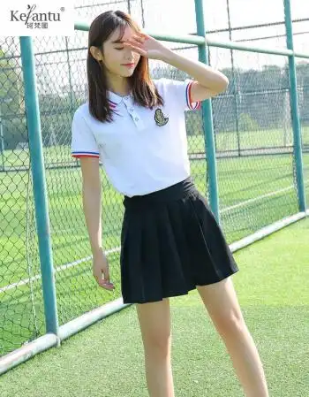 套装校服男女运动服短袖t恤演出服工作jk制服 女白上衣白袖口 黑裙子