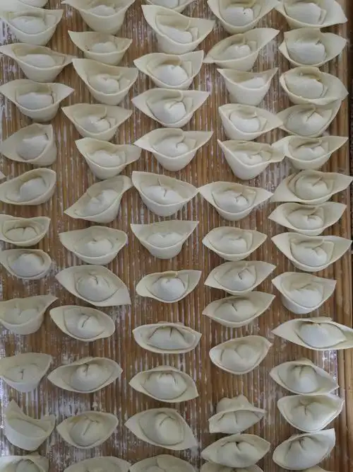 这是我们一家人包好的元宝水饺.