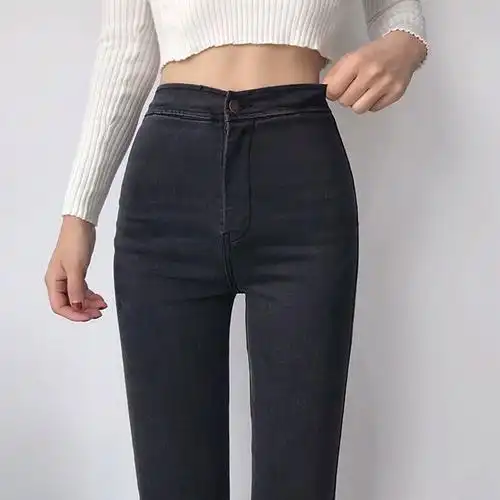 腿精本人超高腰炭灰弹力紧身显瘦牛仔裤子女小脚裤铅笔裤敲好穿
