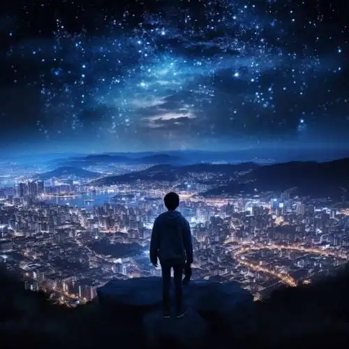 深夜男人山顶独自面对城市喧嚣灯火男生背影头像 ai孤独感星空下失恋