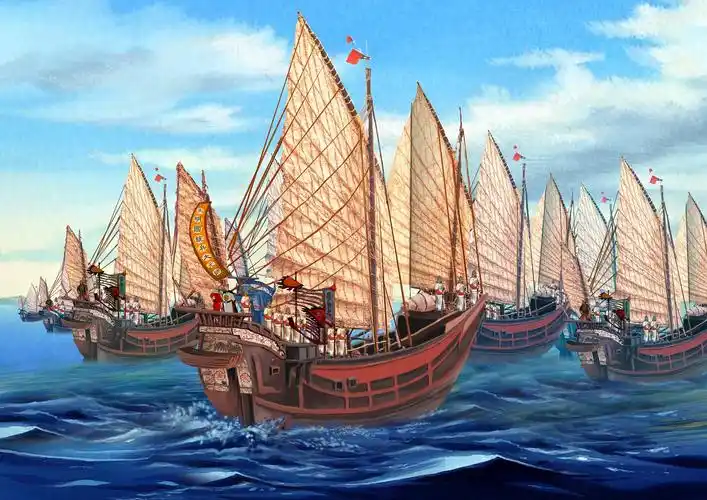 郑和下西洋船队从南京出发,沿着长江驶向蔚蓝的大海.