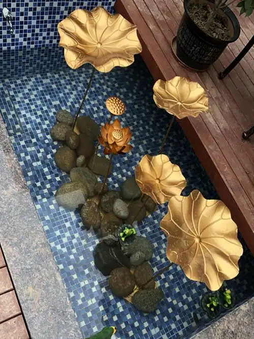 铁艺荷花荷叶落地摆件轻奢风金色招财庭院室内水池水景莲花装饰品