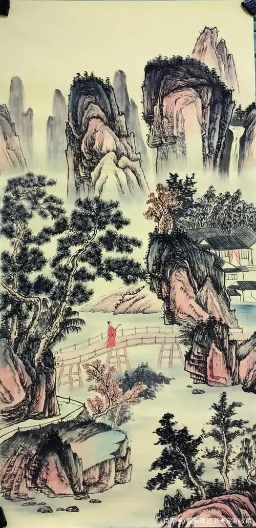 国画展示收藏,仿古色山水画,六尺大尺幅《小桥流水,白云深处》