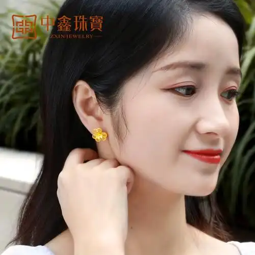 黄金花朵耳钉女显大双层999足金耳环弯钩纯金耳饰金耳环时尚新款