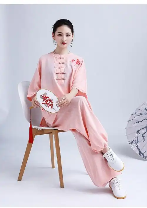 太极服夏季七分袖太极服女棉麻亚麻中袖短袖七分袖透气太极拳服练功服
