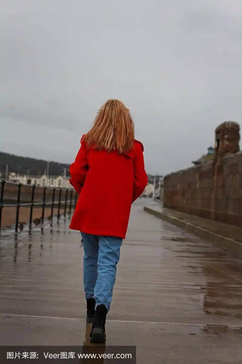 一个女人的背影,在一个下雨天