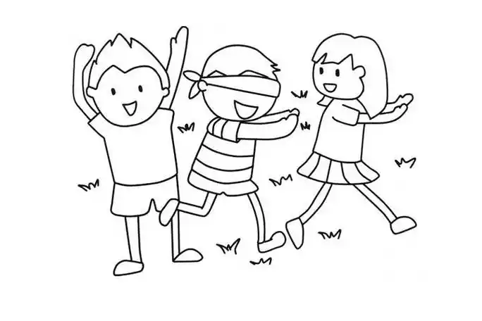 三位小朋友在玩捉迷藏游戏的简笔画儿童做游戏的简笔画,特别是和孩子
