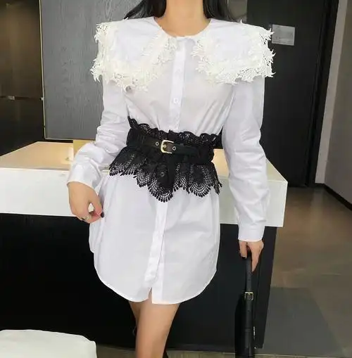 蕾丝女士腰带宽弹力松紧束腰装饰配 衬衫外搭荷叶边腰封黑套装 - 17网
