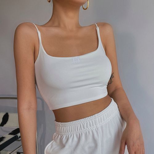 ins性感辣妹字母刺绣吊带背心显胸显身材弹力大外穿泫雅短上衣白