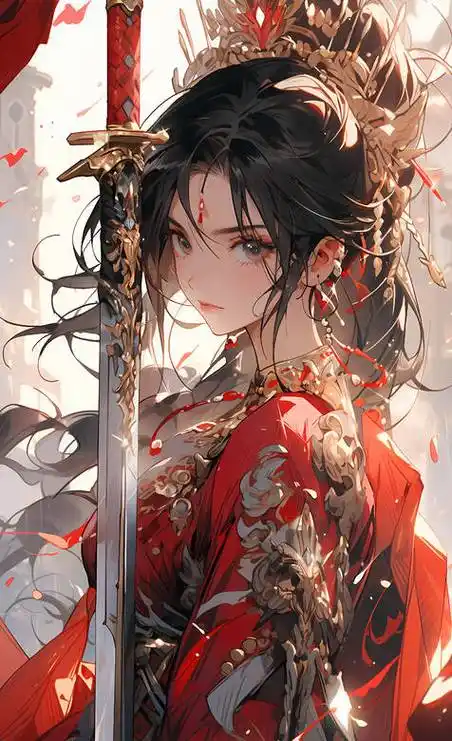 穿着红色新娘装,头戴凤钗的古装动漫女和一把宝剑手机壁纸图片