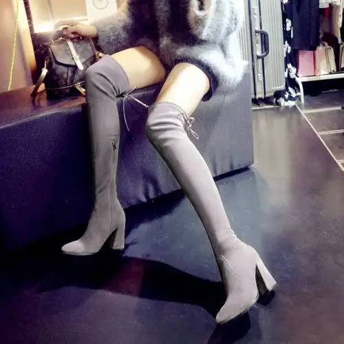 秋冬季粗跟过膝长靴弹力灰色高筒夏季单靴绑带尖头高跟长筒女靴子