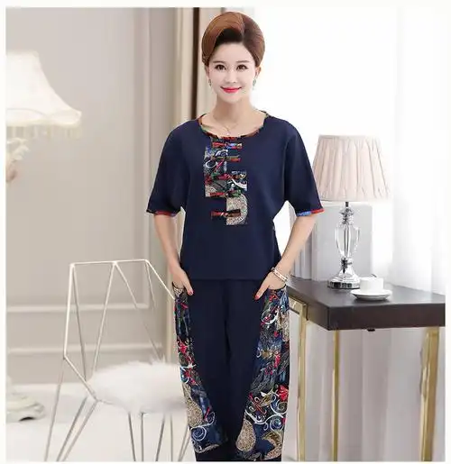 中老年女装夏装棉麻套装民族风休闲宽松短袖t恤妈妈装两件套时尚休闲