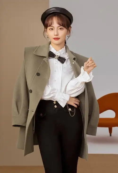 红袖张嘉倪同款双面毛呢大衣2021冬季新款女装系带双排扣灯笼袖气质