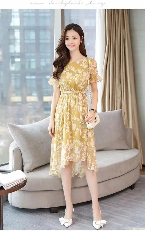 lamaxpa 2018雪纺连衣裙女夏韩版女装显瘦荷叶袖中长款碎花裙 9602