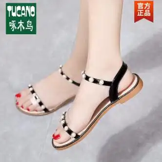 带凉鞋女2024夏新款平底鞋仙女风度假沙滩百搭配裙女黑色品牌旗舰35