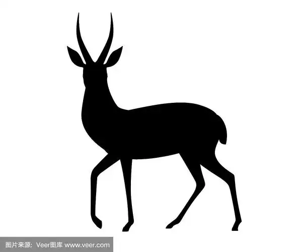 黑色剪影非洲野生黑尾瞪羚长角卡通动物设计平面矢量插图在白色背景侧