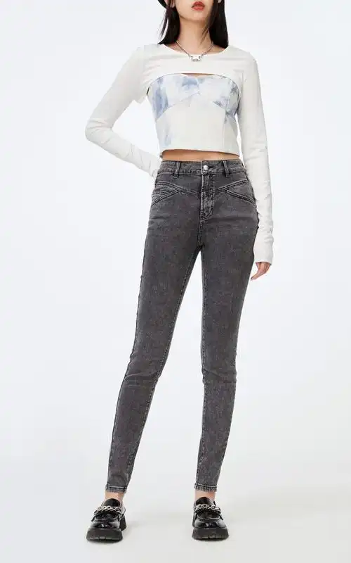 only春季新款修身显瘦纽扣门襟高腰九分牛仔裤女121249040j0z牛仔灰