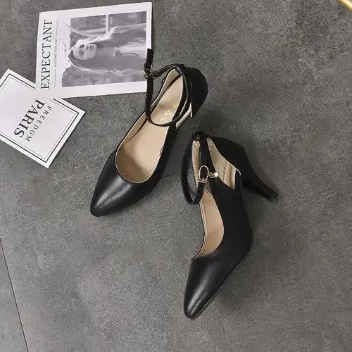 新款女2019春季百搭一字扣职业尖头高跟女鞋单鞋细跟凉鞋韩版夏季