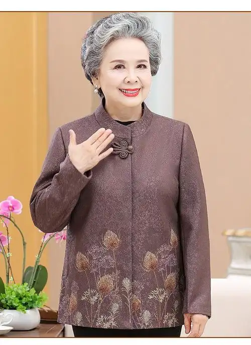 称美中老年女装秋装外套607080岁新款妈妈春秋季唐装毛呢外套短款大码