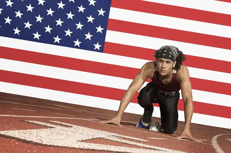 跑步,起跑器,正面,美国国旗