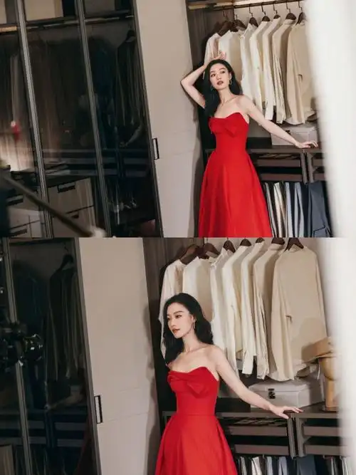 倪妮抹胸红裙造型##倪妮红裙花絮照