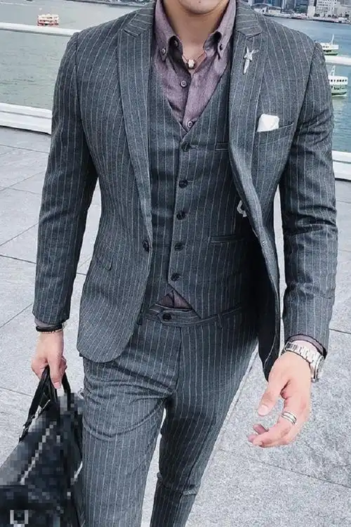 条纹西装男套装韩版修身帅气男士西服新郎服装结婚礼服正装三件套
